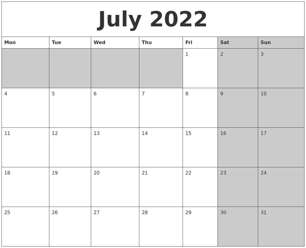 July 2022 Calanders