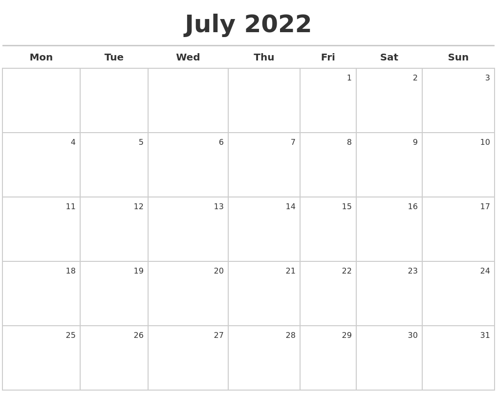 July 2022 Calendar Maker