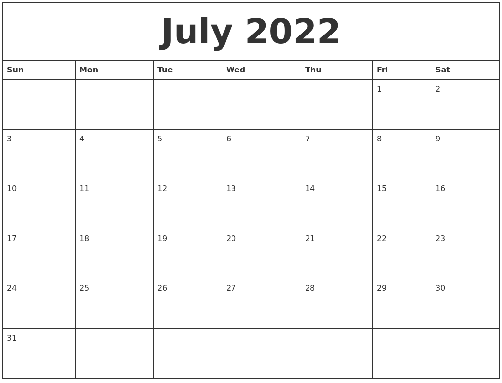 July 2022 Calendar Monthly