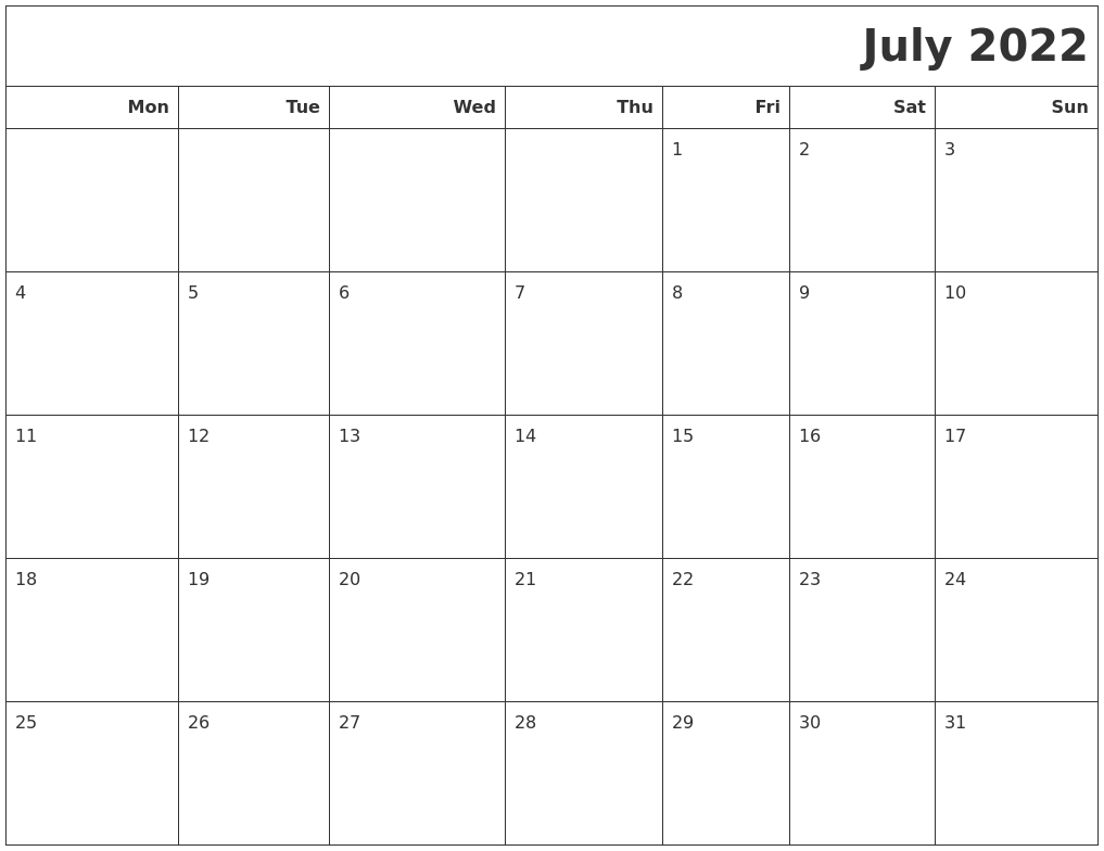 July 2022 Calendars To Print