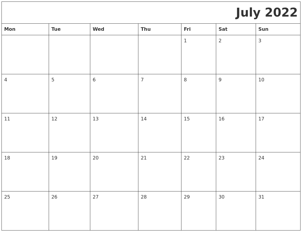 July 2022 Download Calendar