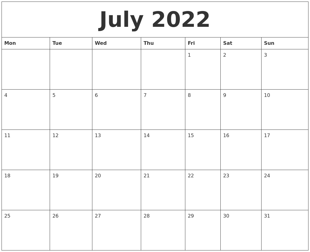 July 2022 Free Online Calendar