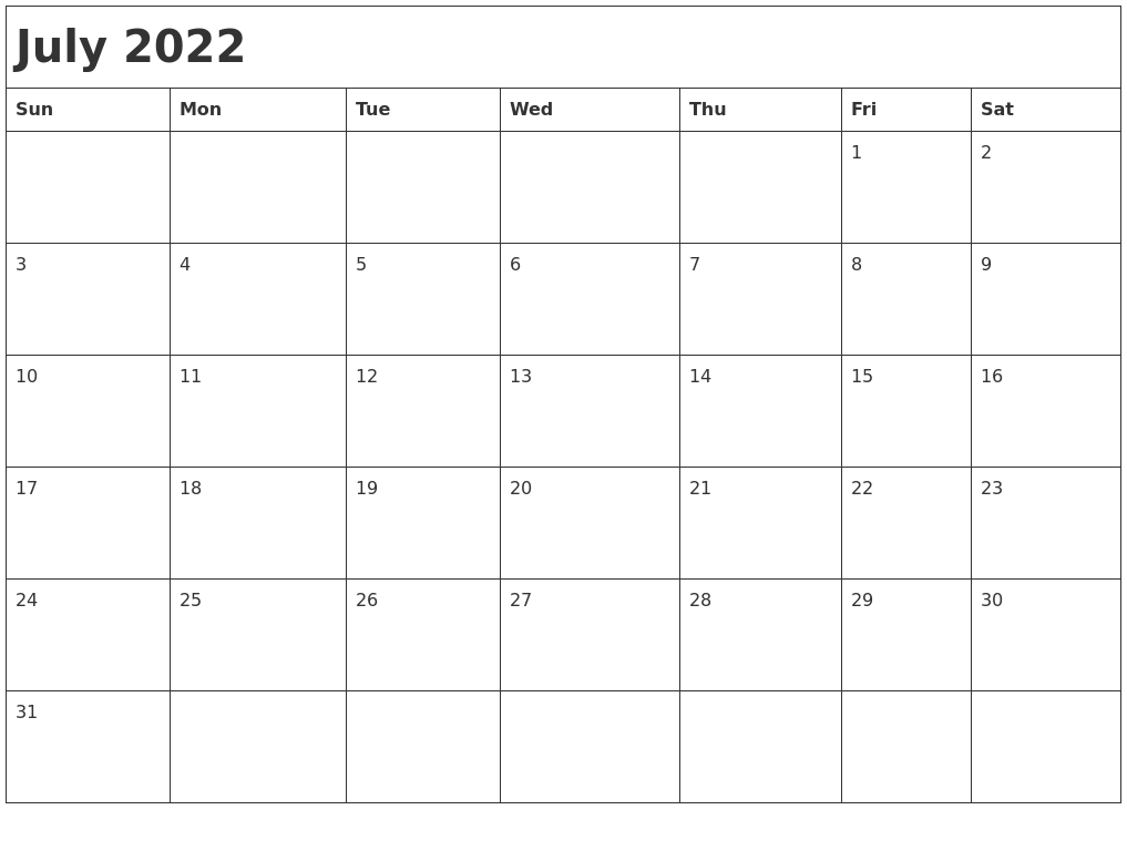 July 2022 Month Calendar