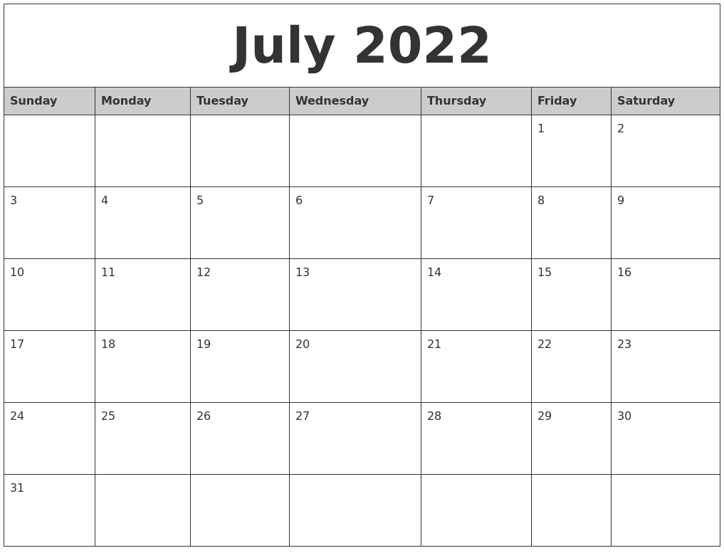 July 2022 Monthly Calendar Printable