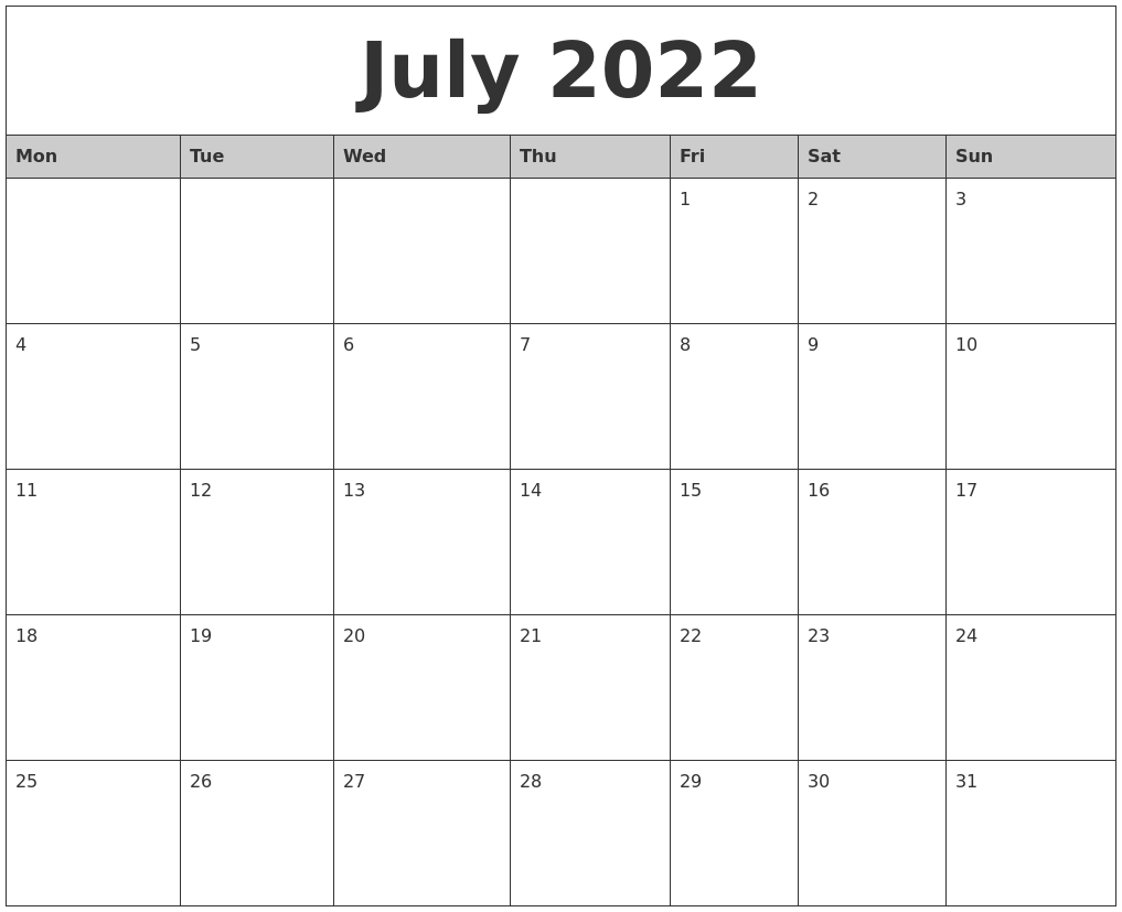 July 2022 Monthly Calendar Printable