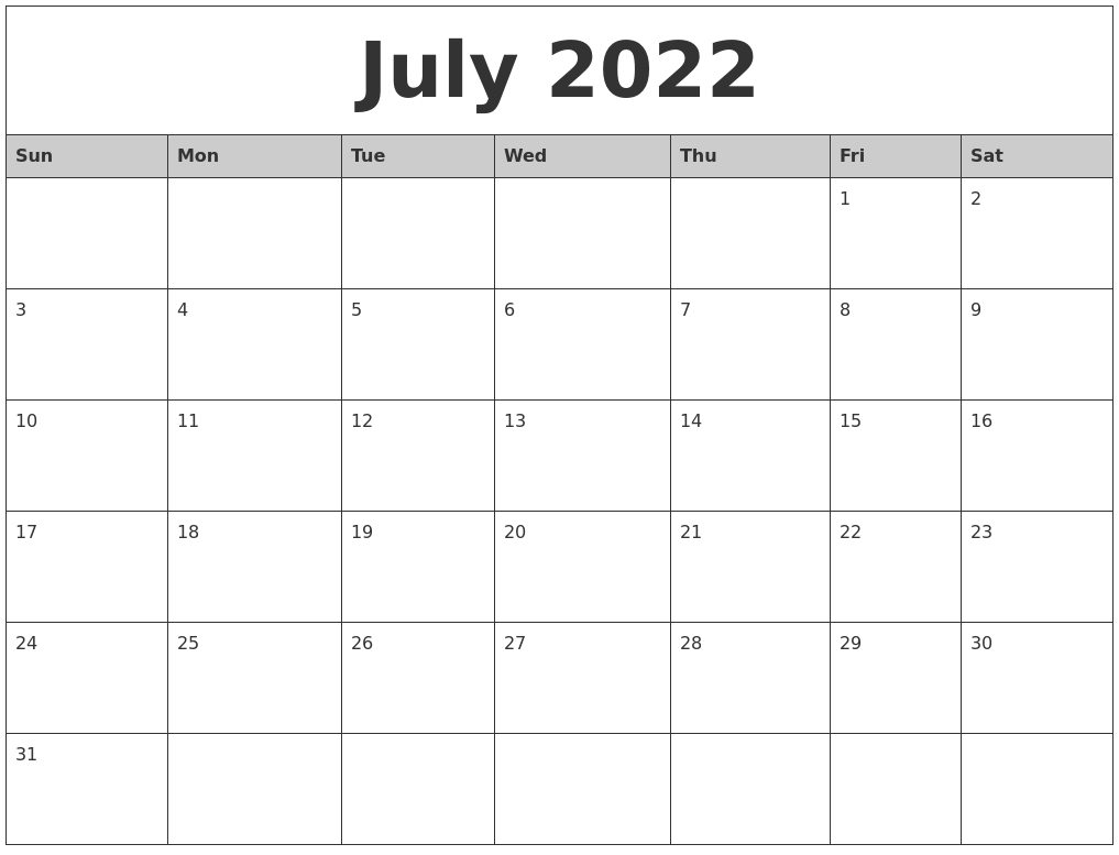 July 2022 Monthly Calendar Printable