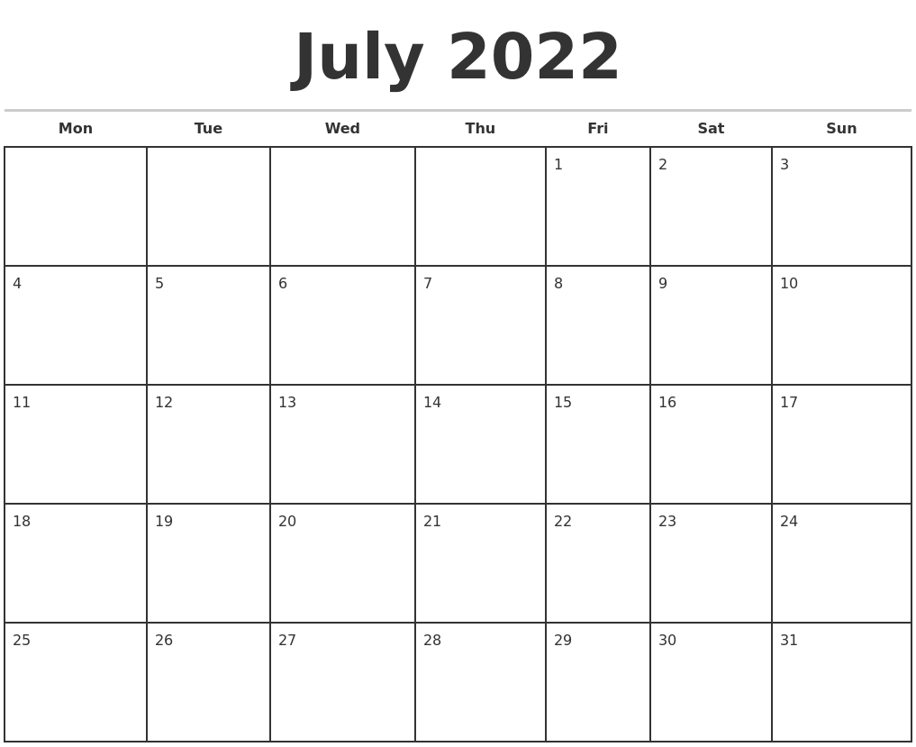 July 2022 Monthly Calendar Template