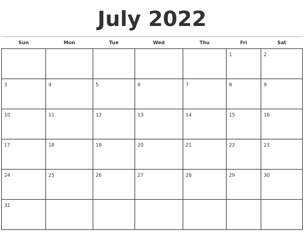 July 2022 Monthly Calendar Template