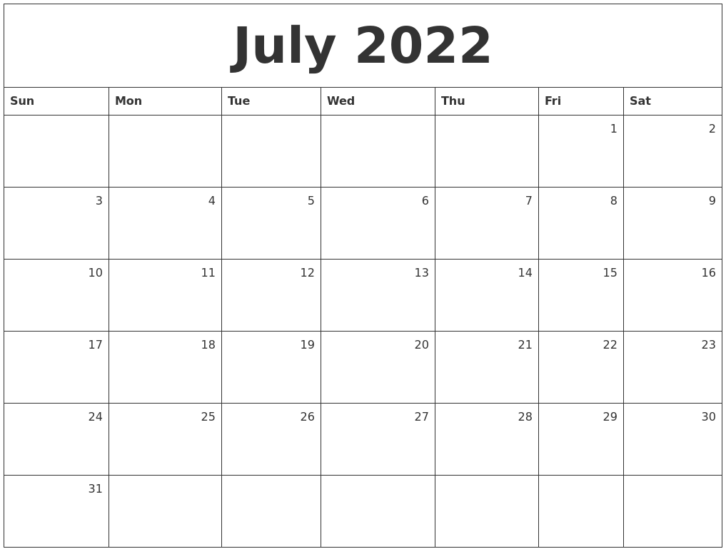 July 2022 Monthly Calendar
