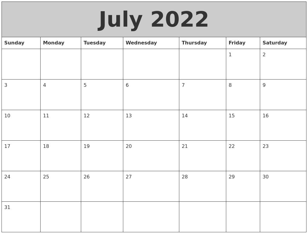 July 2022 My Calendar