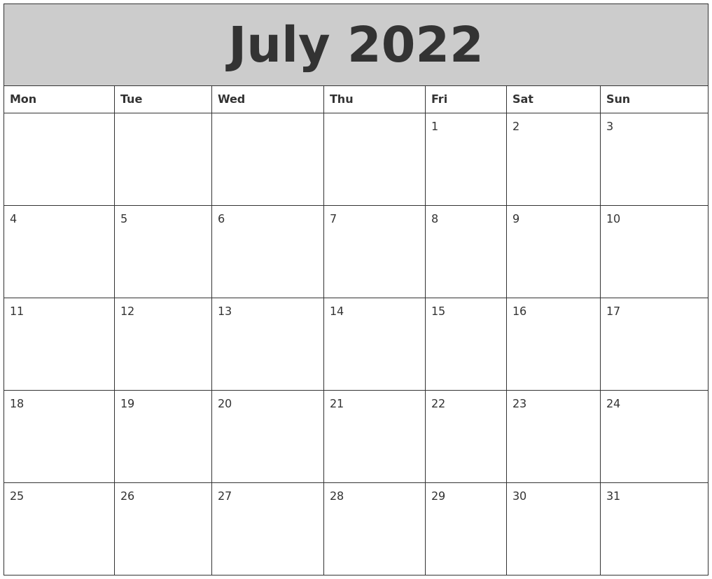 July 2022 My Calendar