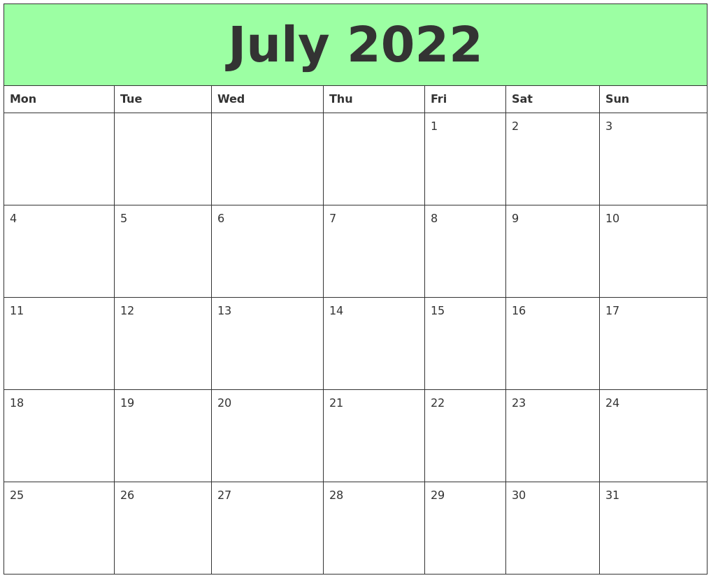 July 2022 Printable Calendars