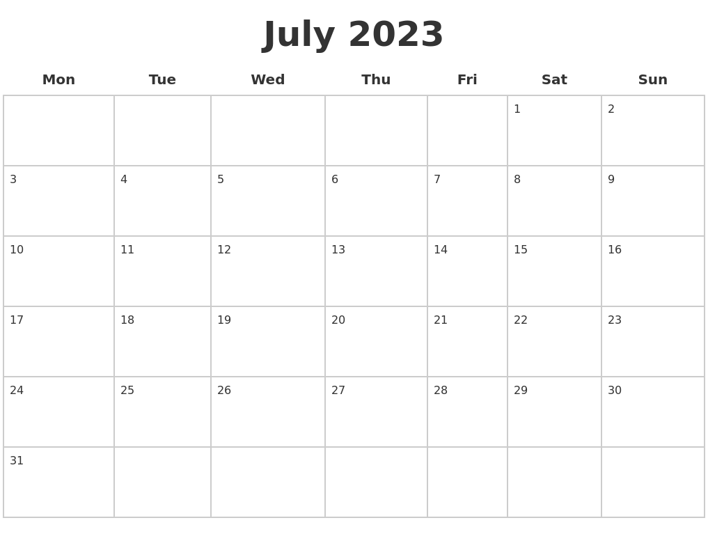 July 2023 Blank Calendar Pages
