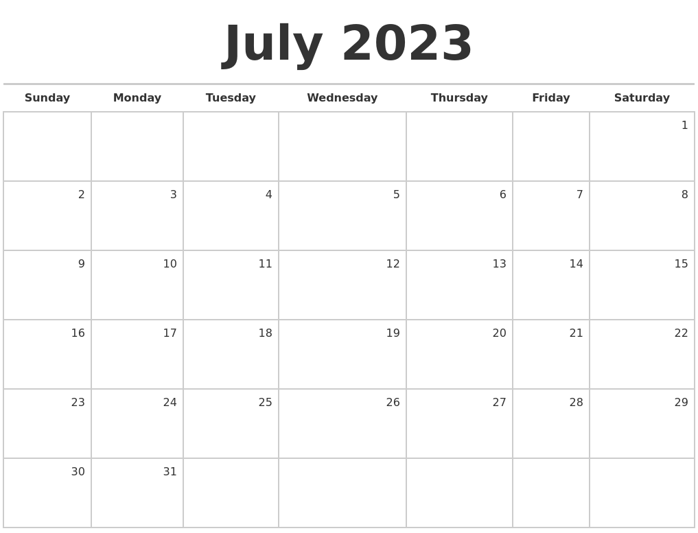 July 2023 Blank Monthly Calendar