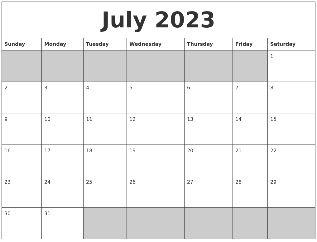 July 2023 Blank Printable Calendar