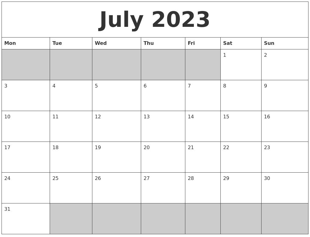 July 2023 Blank Printable Calendar