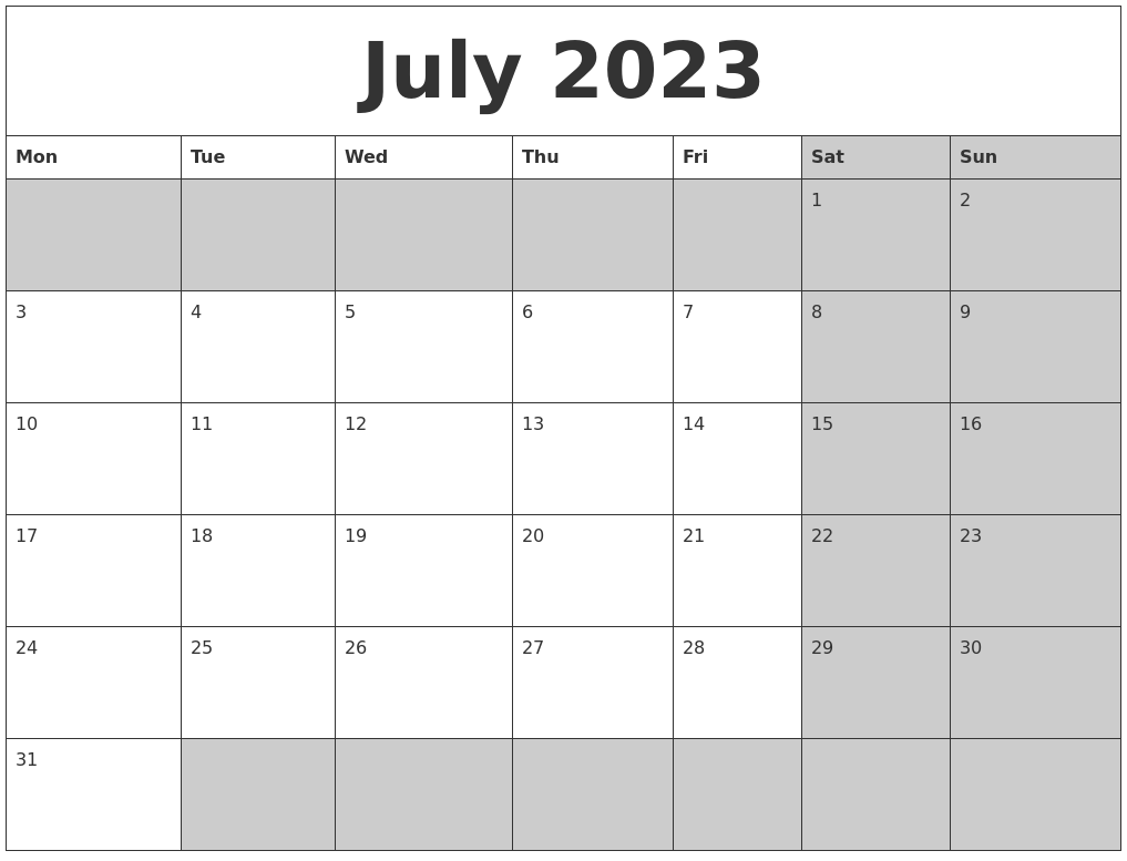 July 2023 Calanders