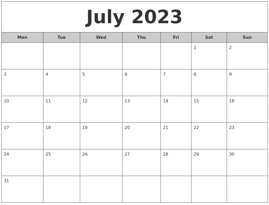 July 2023 Free Monthly Calendar