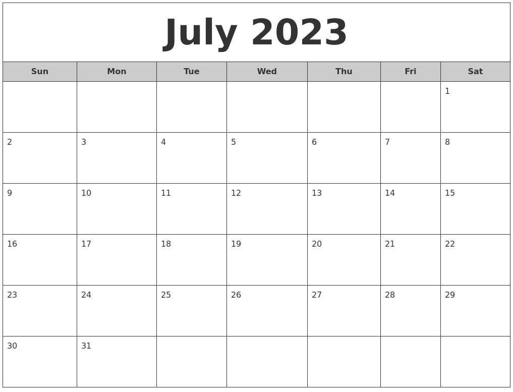 July 2023 Free Monthly Calendar