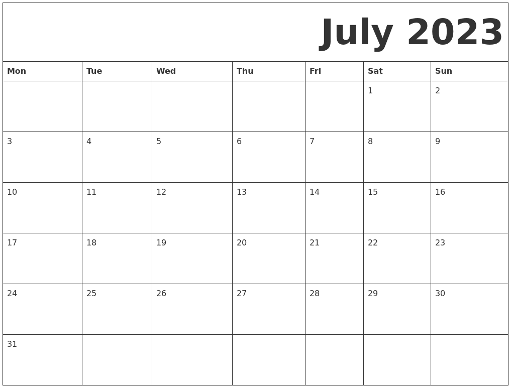 July 2023 Free Printable Calendar