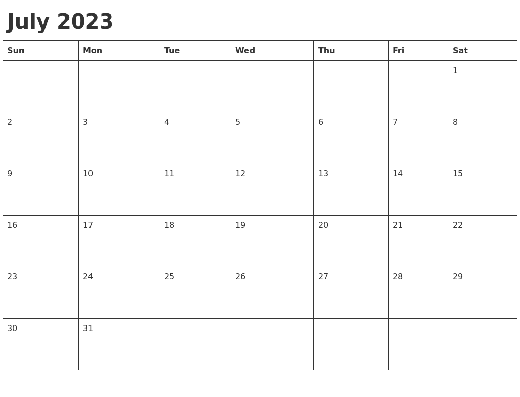 July 2023 Month Calendar