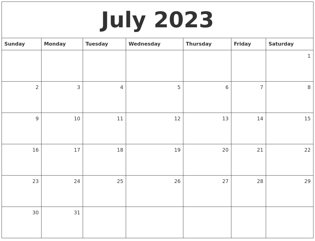 July 2023 Monthly Calendar