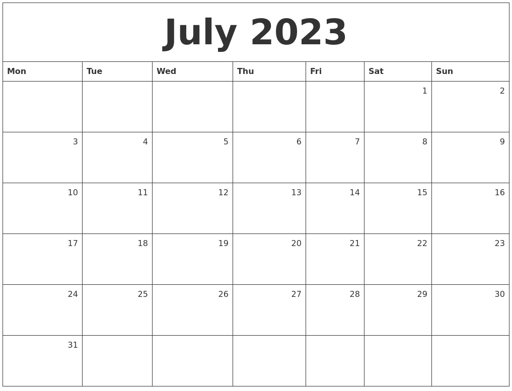 July 2023 Monthly Calendar