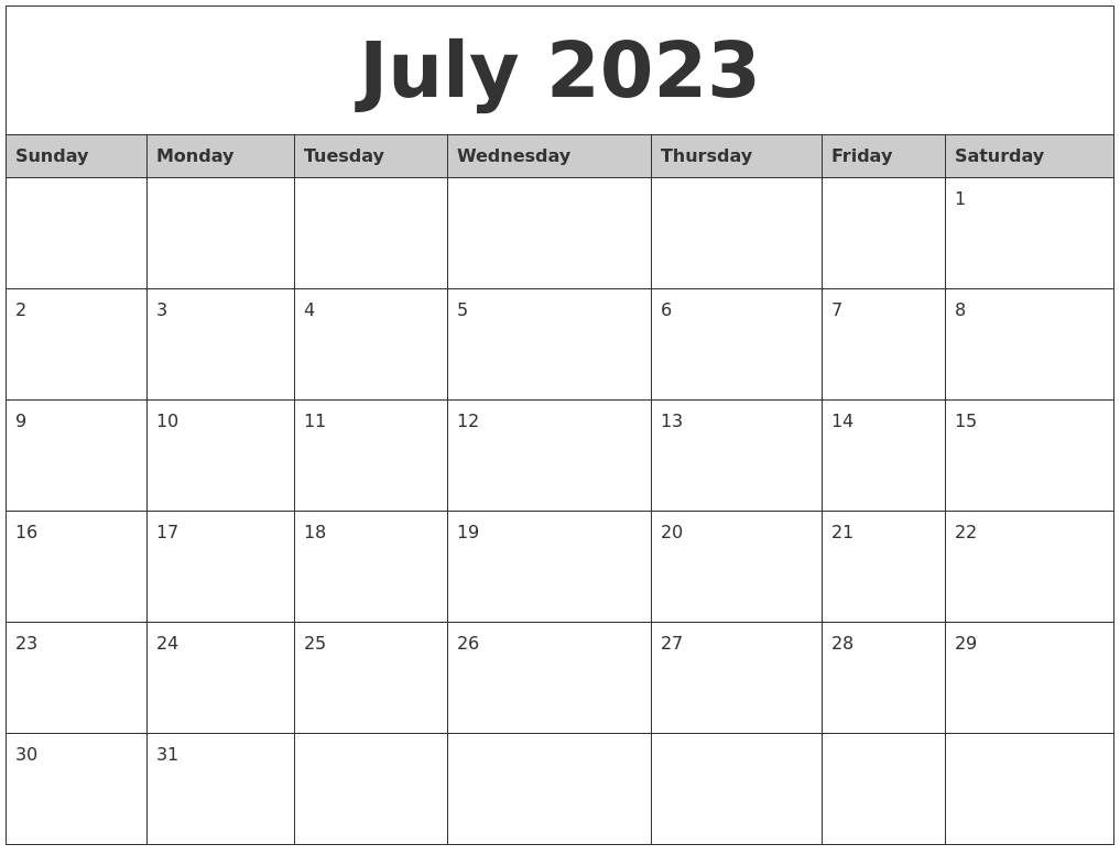 July 2023 Monthly Calendar Printable