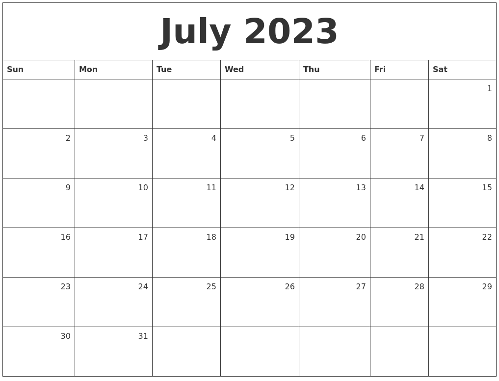 July 2023 Monthly Calendar