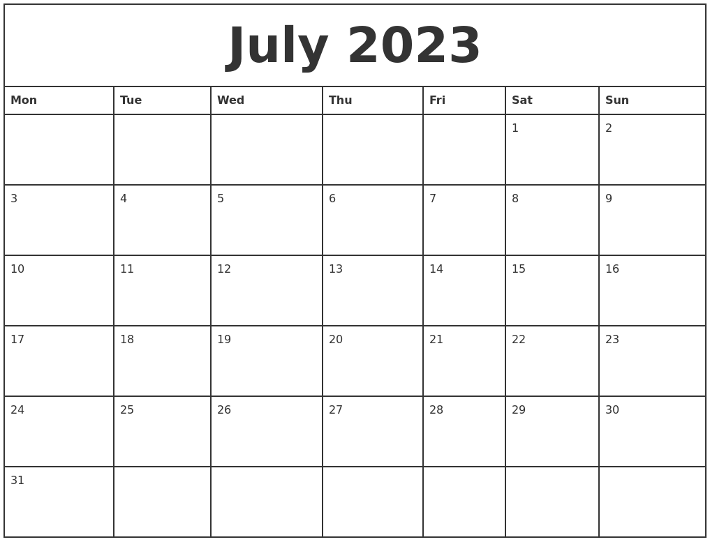 July 2023 Printable Monthly Calendar