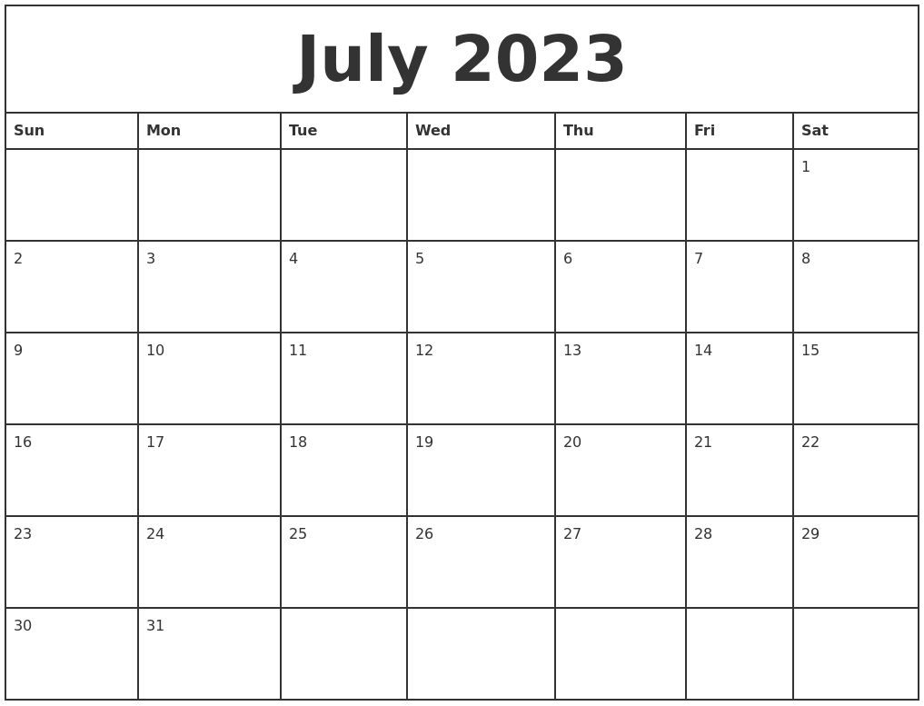 July 2023 Printable Monthly Calendar