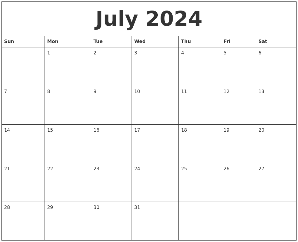 July 2024 Blank Monthly Calendar Template