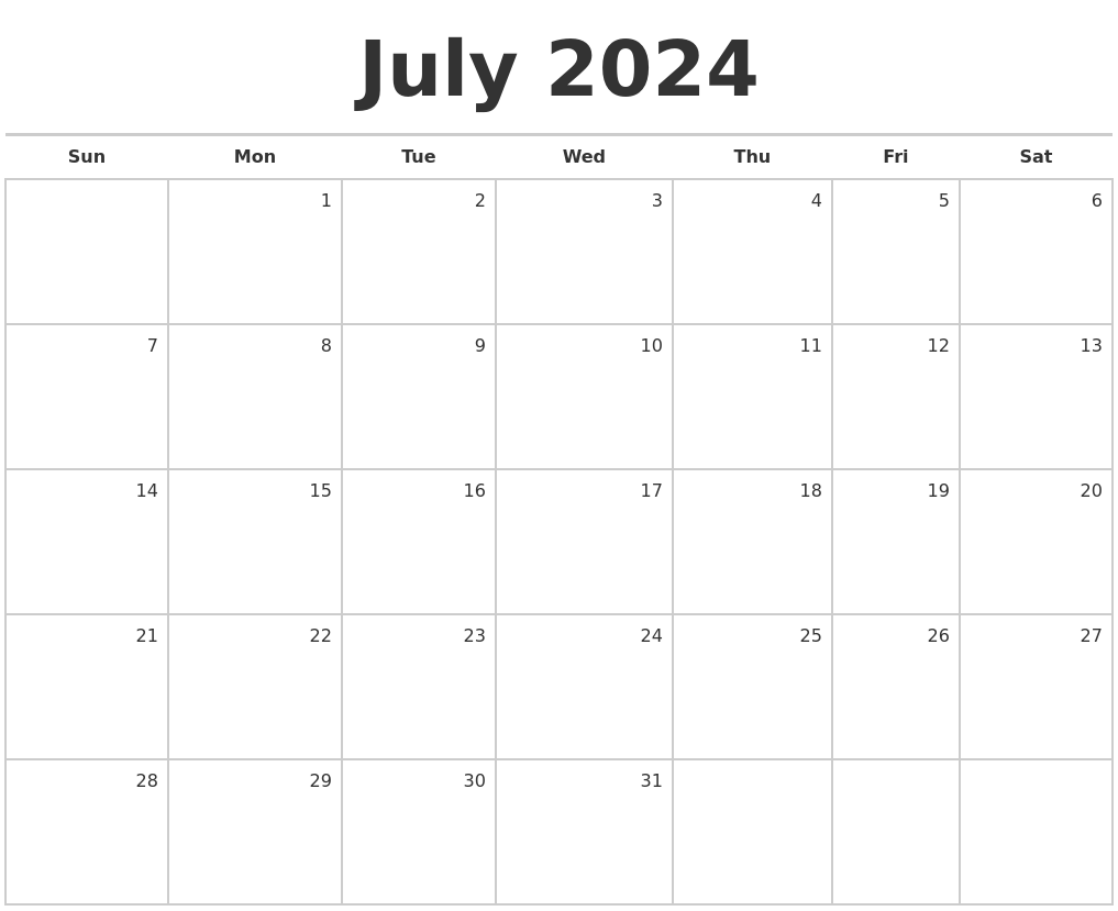 July 2024 Blank Monthly Calendar