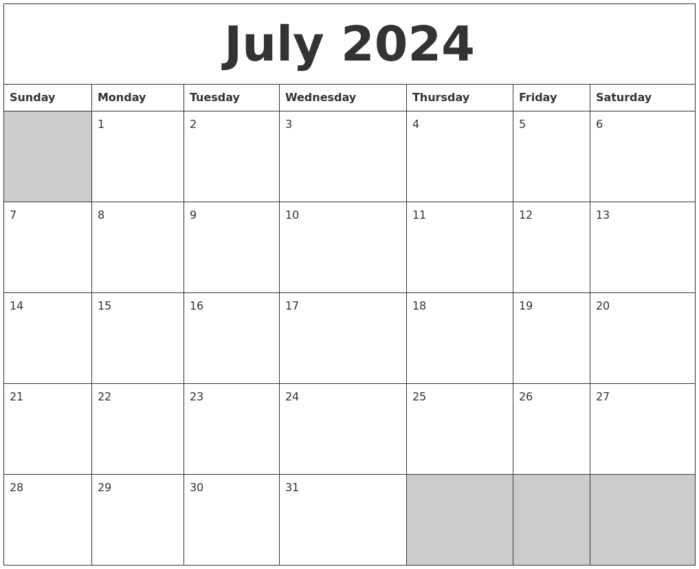 July 2024 Blank Printable Calendar