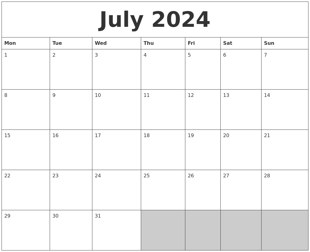July 2024 Blank Printable Calendar