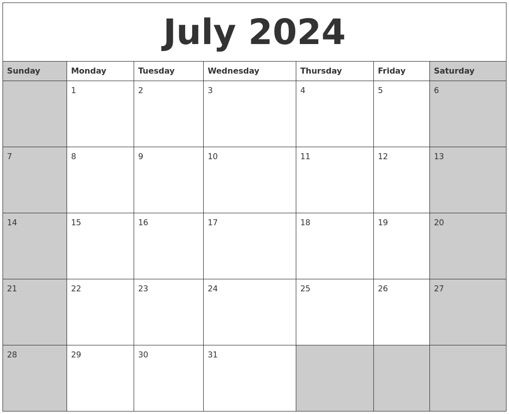 July 2024 Calanders