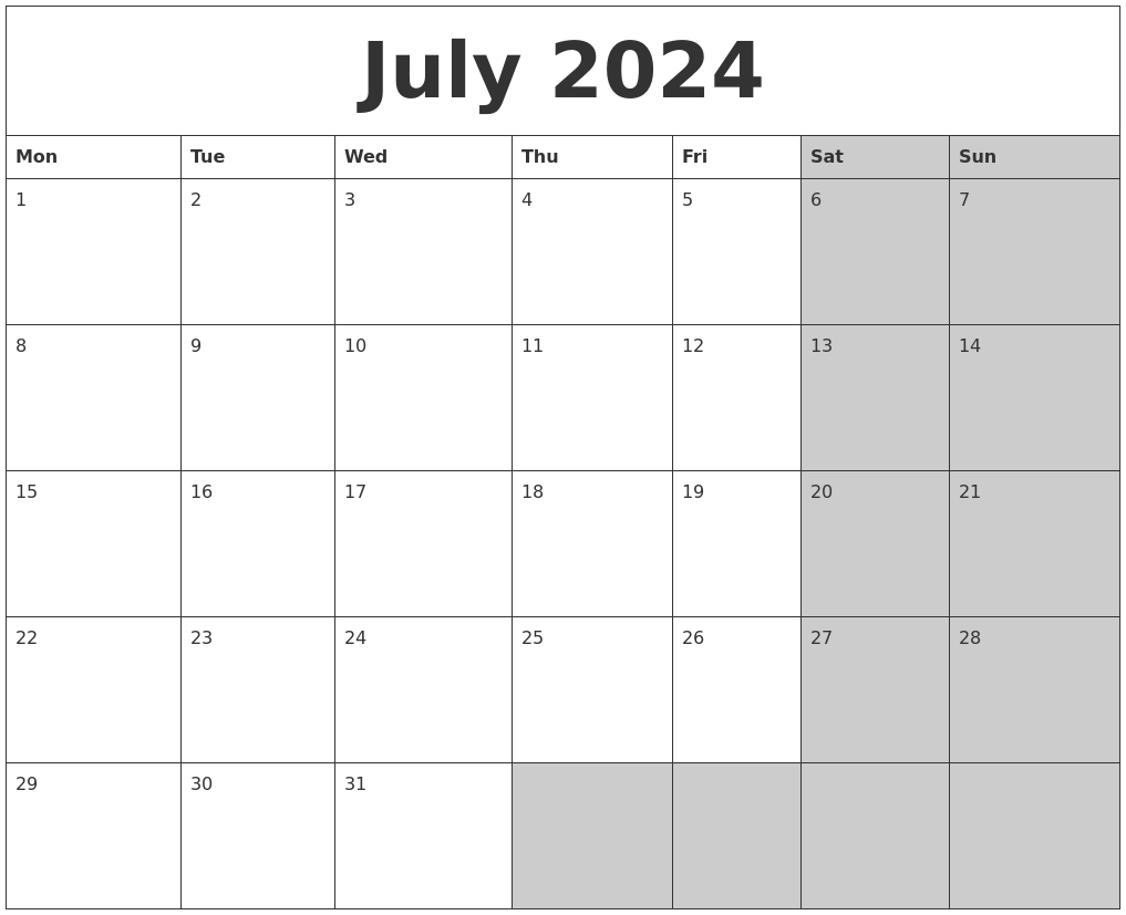 July 2024 Calanders