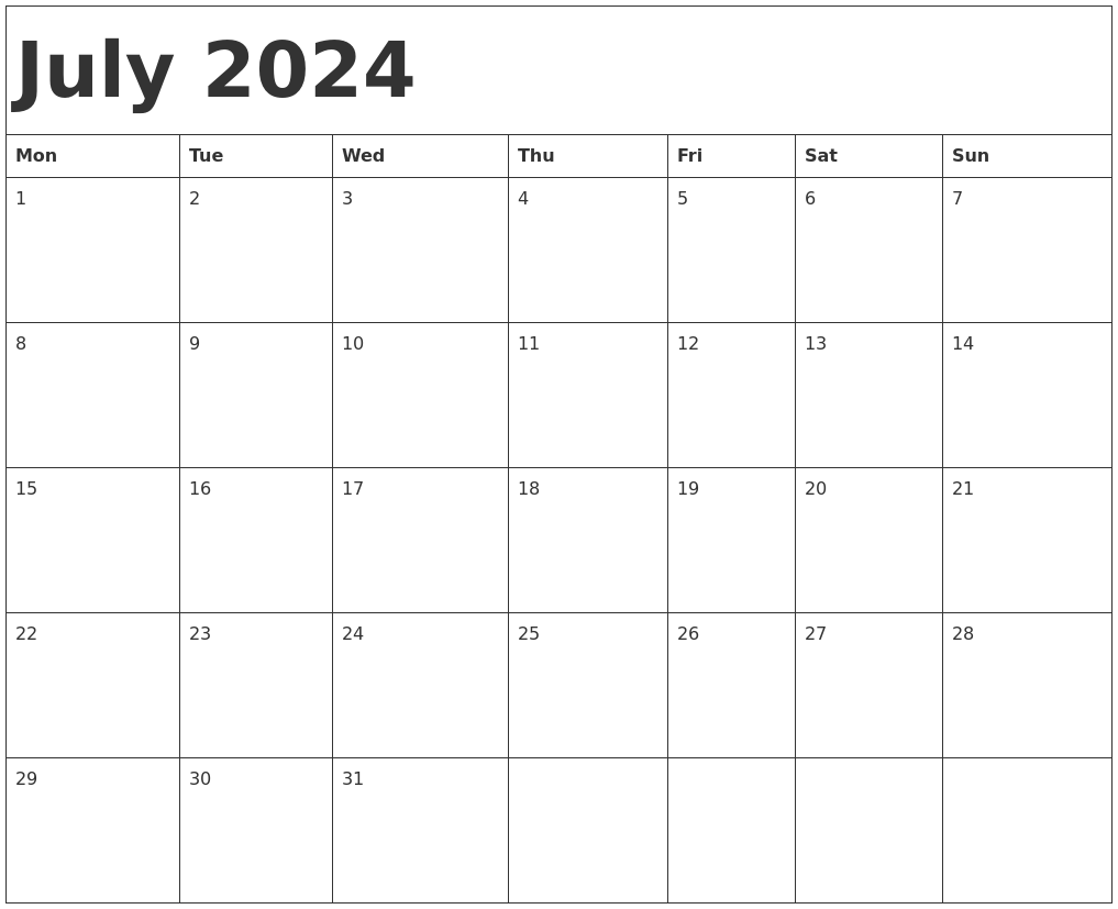 Free Printable Calendar For July 2024