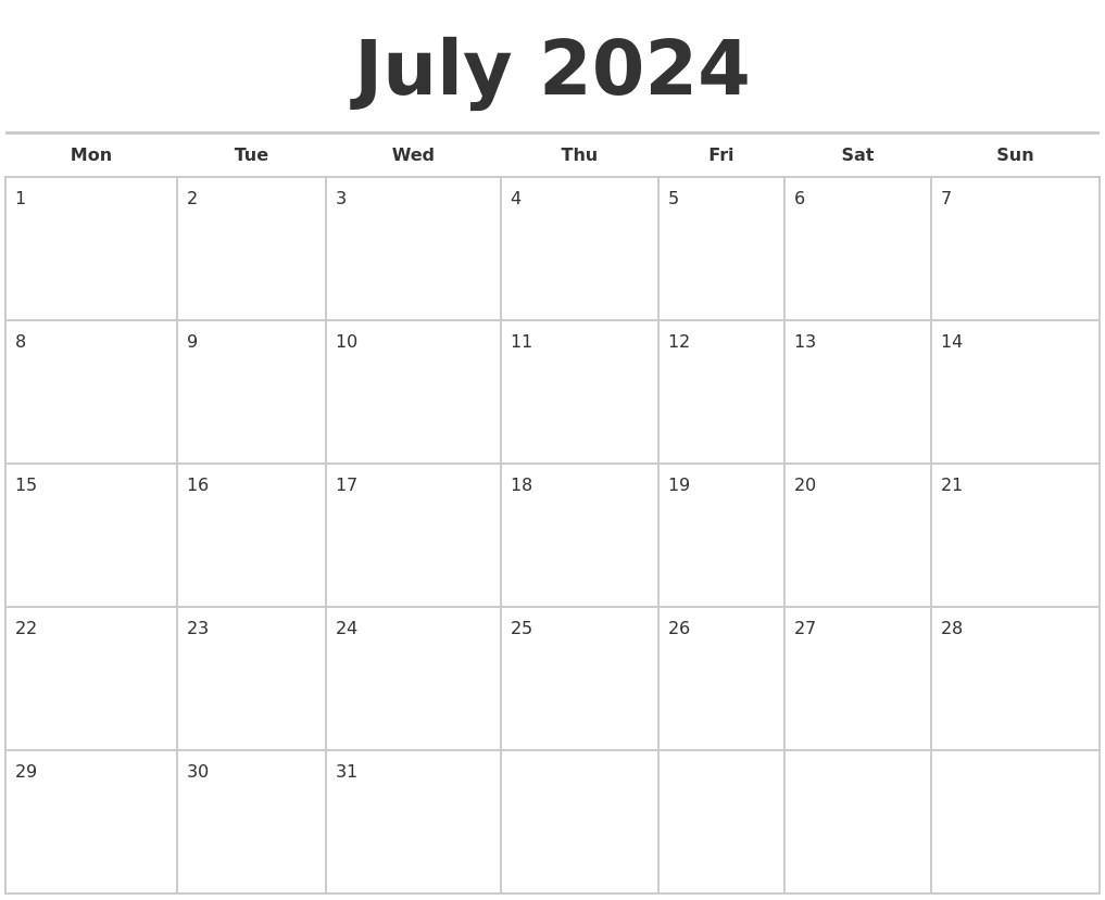 July 2024 Calendars Free