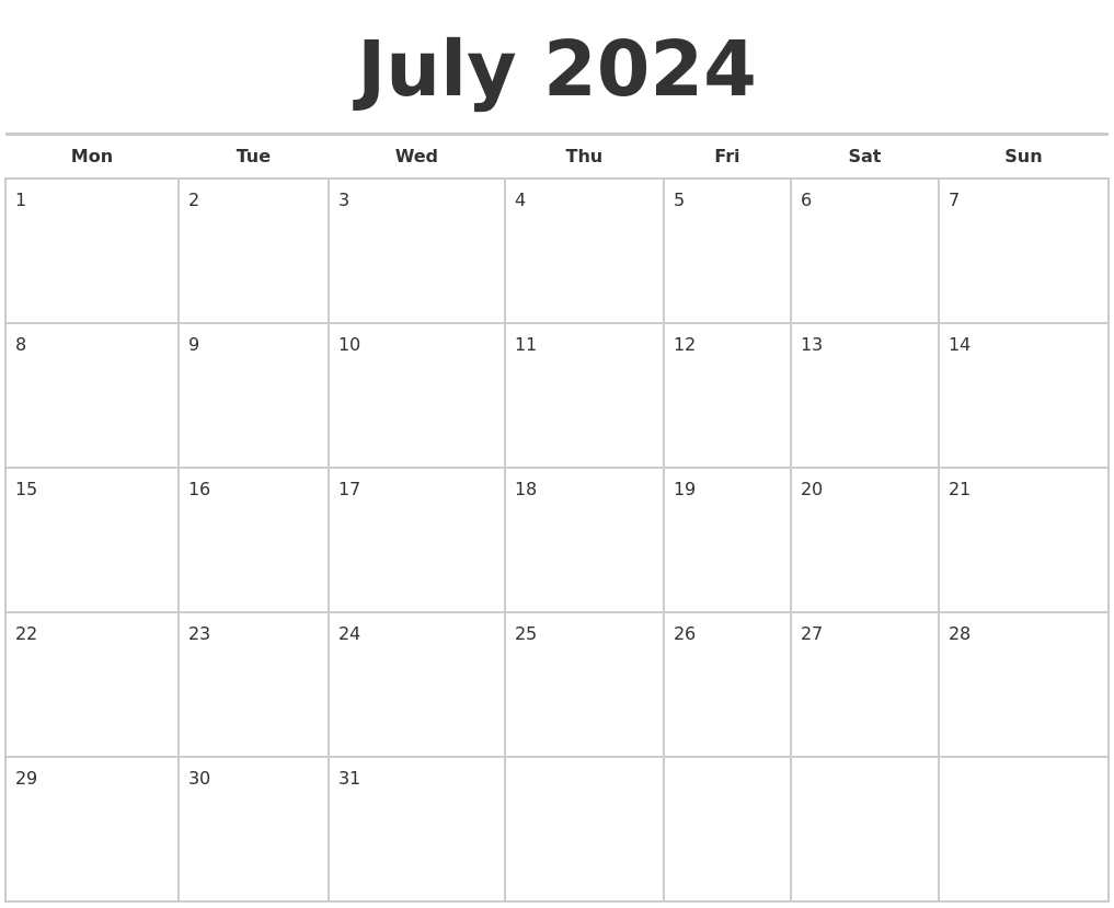 July 2024 Calendars Free Monday Start 