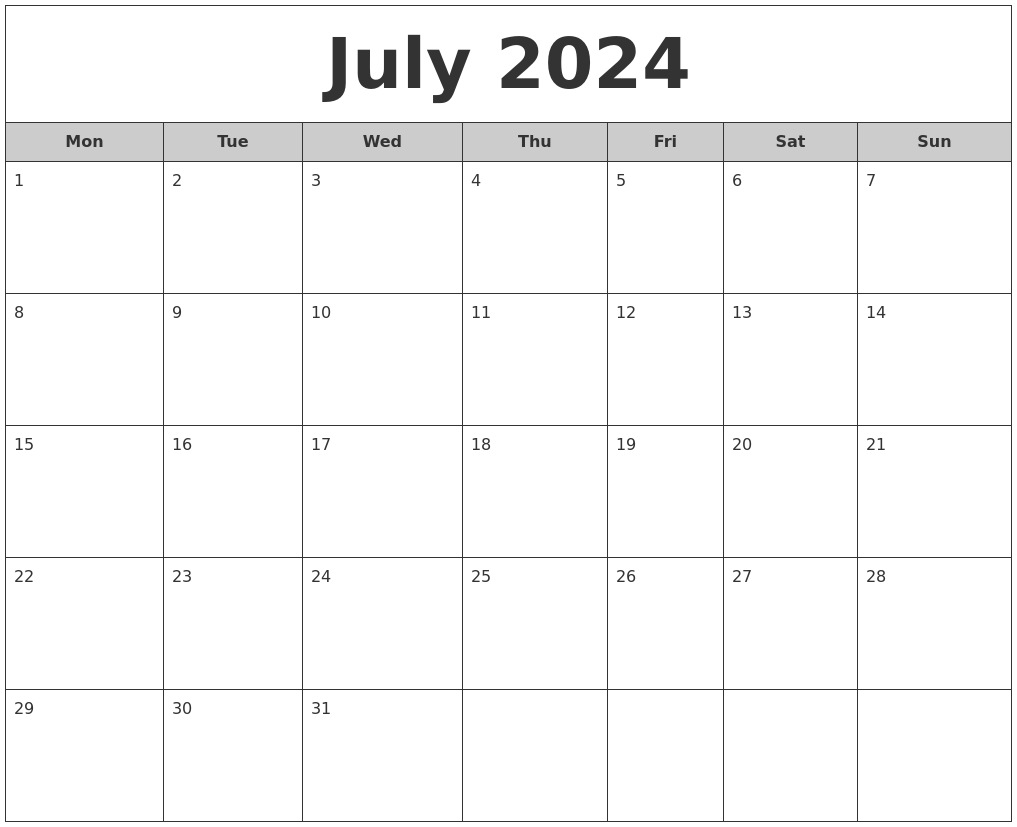 July 2024 Free Monthly Calendar