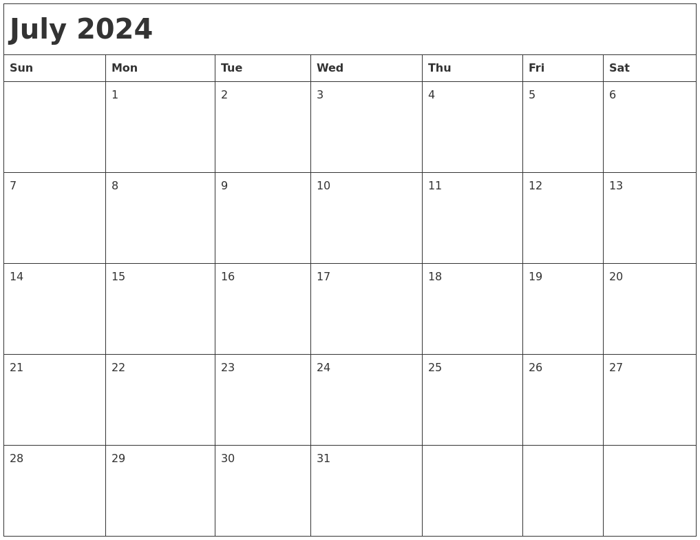 July 2024 Month Calendar