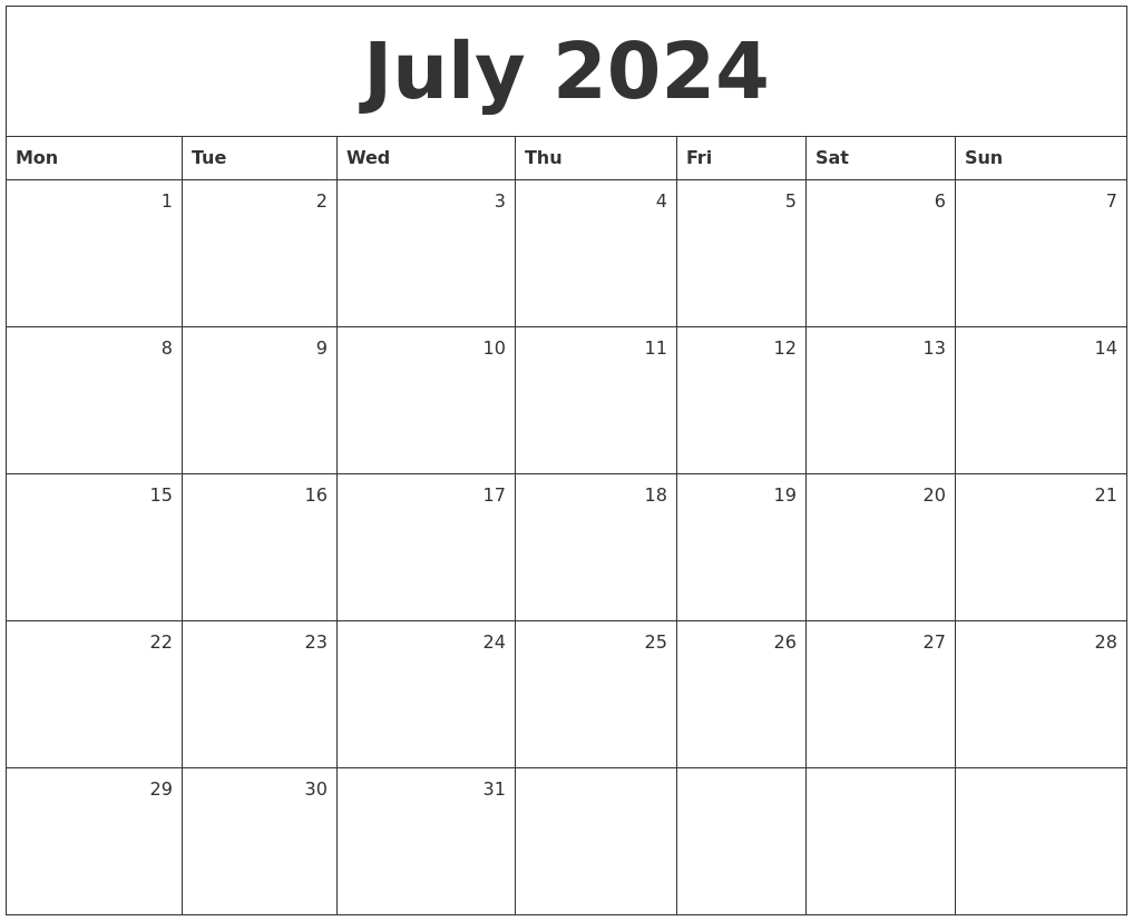 July 2024 Monthly Calendar