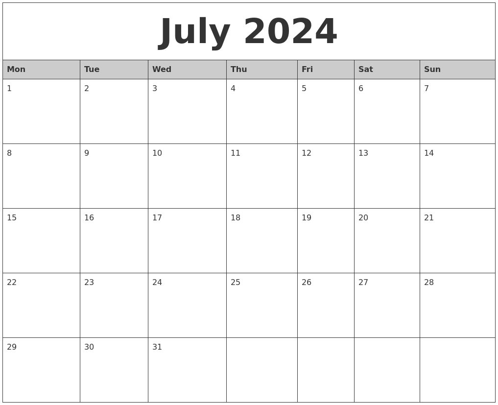 July 2024 Monthly Calendar Printable