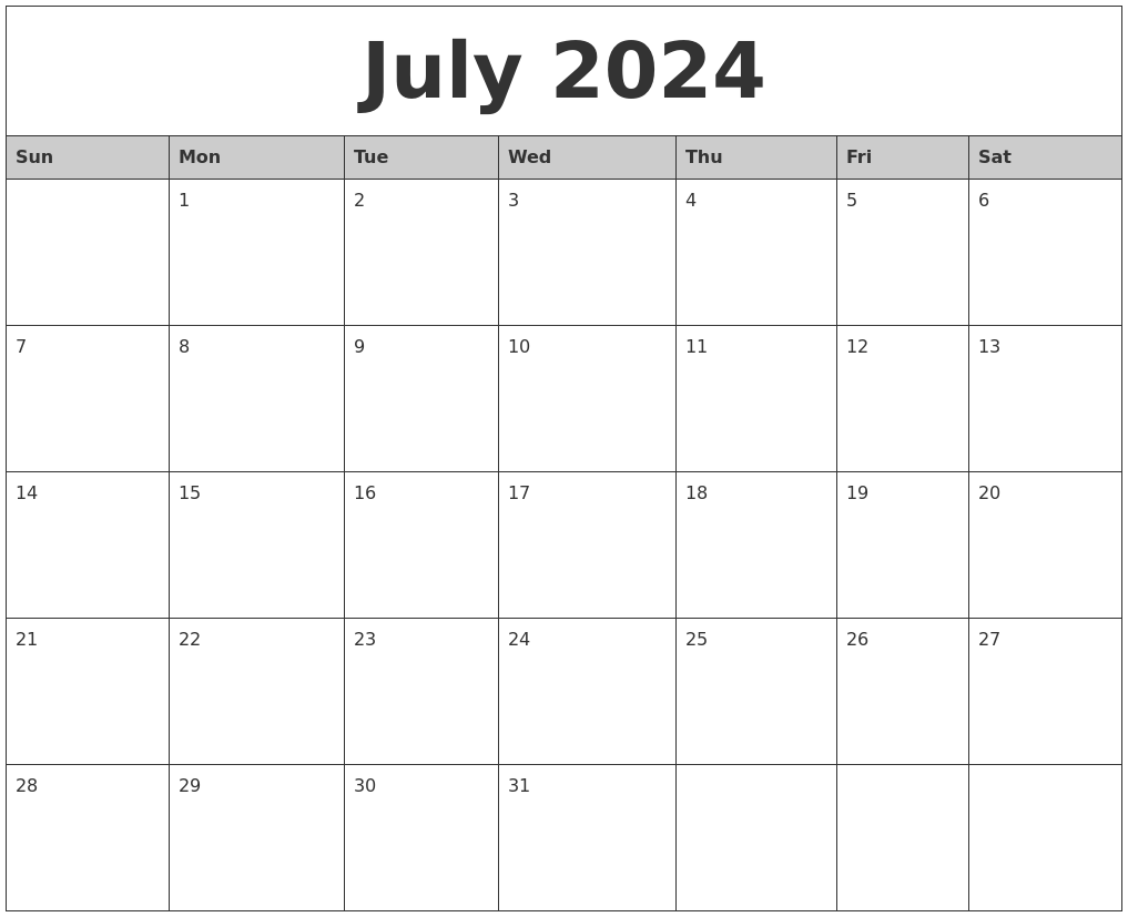 July 2024 Monthly Calendar Printable