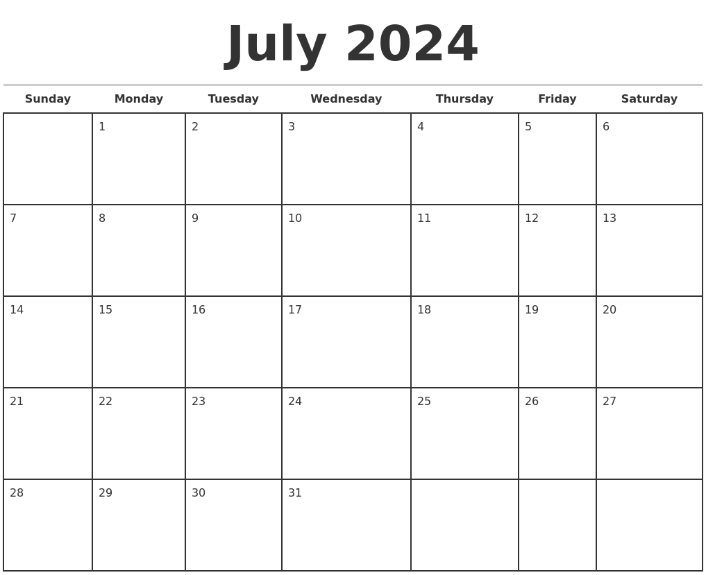 July 2024 Monthly Calendar Template