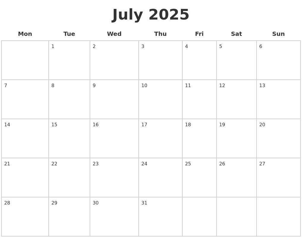 Printable Calendar July 2025 Through June 2025