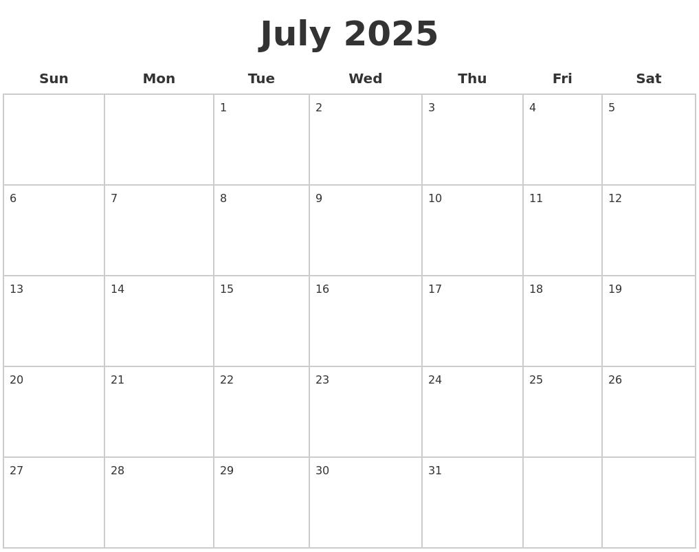 July 2025 Blank Calendar Pages