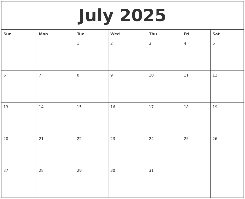 July 2025 Blank Calendar To Print