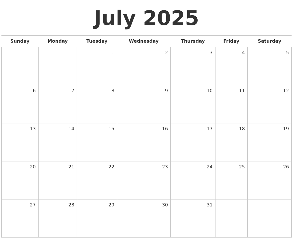 July 2025 Blank Monthly Calendar
